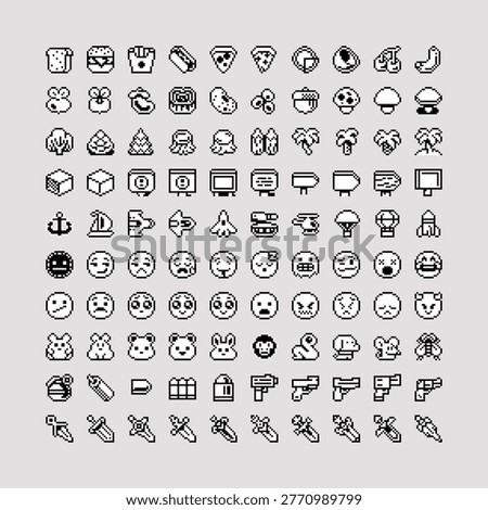 Retro pixel icon set in clean 8-bit, food, transport, nature, emojis, animals, weapons and game items, sprites for RPG interfaces, inventory systems and indie game UI.