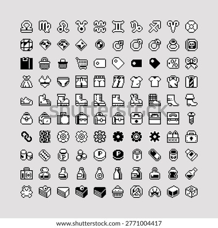 Retro pixel icon set in clean 8-bit  sprites shopping, clothing, accessories, tools, medical items, RPG interfaces, inventory systems and indie game UI.