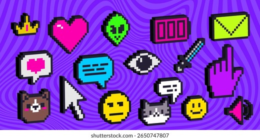 Retro pixel icons with 3d effect on purple wavy background - emoticon faces, hearts and crown, skull, sword and mail envelope, chat bubbles and cursor hand, bear avatars for gaming interfaces.
