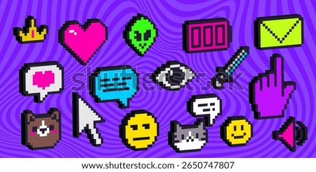 Retro pixel icons with 3d effect on purple wavy background - emoticon faces, hearts and crown, skull, sword and mail envelope, chat bubbles and cursor hand, bear avatars for gaming interfaces.