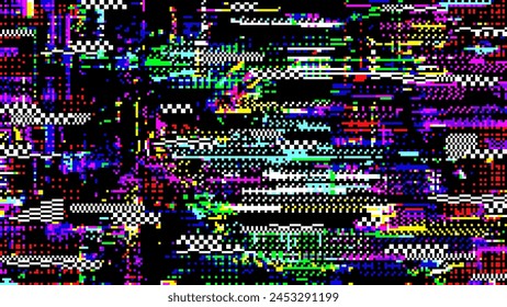 Retro pixel noise glitch abstract background with noisy pattern. Vector glitched backdrop pulsating with colorful distortions and digital artifacts. Monitor screen with computer error or bug