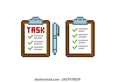 Retro Pixel Note Task List isolated vector icon set. Checklist data in pixel graphics style. To Do List icon. Clipboard icon in 8-bit retro video game style on white background