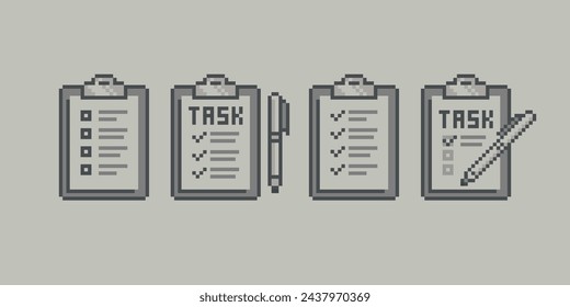 Retro Pixel Note Task List isolated vector icon set. Checklist of completed tasks pixel perfect retro 8-Bit game graphics. Checklist data in pixel graphics style. To Do List icon