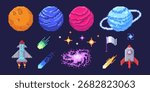 Retro pixel planet set with colorful worlds, spaceships and cosmic elements for game design. Saturn with ring and rocket, comet and stars with galaxy spiral. 8 bit space elements for arcade interface