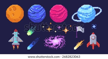 Retro pixel planet set with colorful worlds, spaceships and cosmic elements for game design. Saturn with ring and rocket, comet and stars with galaxy spiral. 8 bit space elements for arcade interface