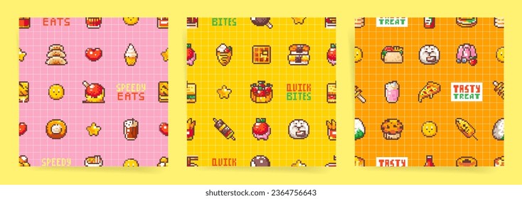 Retro Pixel Seamless Food Pattern Set Inspired by 80s-90s Arcade Game. Tasty Pixel Art Sushi, Cakes, Ice Cream, Fries, Tart, Waffle. Background for Snacks, Cafes and Street Food Wrapping Paper.