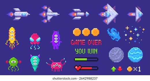 Ativos de jogo de invasor de espaço de pixel retrô - naves espaciais de 8 bits, monstros alienígenas, moedas, planetas e elementos de IU. Sprites de atirador arcade clássico com texto, barras de saúde para design nostálgico jogo vintage.