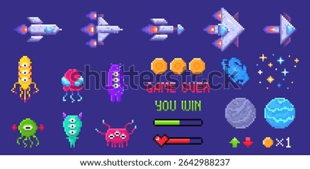 Retro pixel space invader game assets - 8 bit spaceships, alien monsters, coins, planets and UI elements. Classic arcade shooter sprites with text, health bars for nostalgic vintage gaming design.