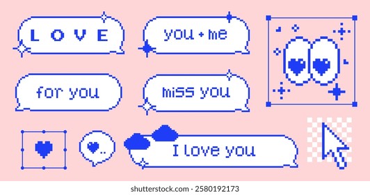 Retro pixel speech bubbles with Love phrases, Heart, Eyes, Cloud and cool game romantic elements. Cloud balloon. Y2k box shapes. Vintage vector love design for messages in retro 80s computer art style