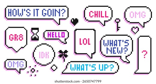 Retro pixel speech bubbles set - various chat boxes with text messages, emoticons like hearts, hourglass, question marks for gaming interfaces, online messaging apps or social media sticker packs.