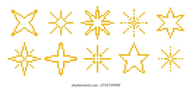 Retro pixel star collection. Pixelated sparkles and stars set. 8 bit geometric shine, firework and burst effect pack. Yellow gold twinkle and bling icon bundle for badge, nostalgic game decor. Vector