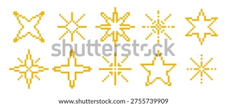 Retro pixel star collection. Pixelated sparkles and stars set. 8 bit geometric shine, firework and burst effect pack. Yellow gold twinkle and bling icon bundle for badge, nostalgic game decor. Vector