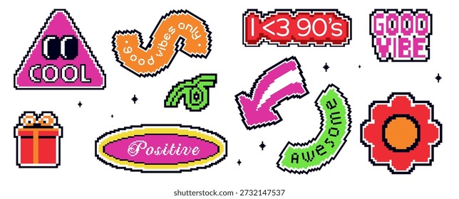 Retro Pixel Sticker Pack mit trendigen Worten: "Ich liebe die 90er", "genial", "cool", "positiv". Spaß 8bit bunte Abzeichen für Spiele oder Social Media. Blume, Pfeil, Herzform.
