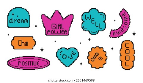 Retro pixel stickers and badges. 8bit colorful icons: 'Cool', 'awesome', 'love', 'omg', 'positive' and other slang. Trendy y2k art for games, promo or social media.