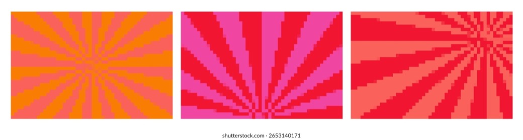 Retro pixel sun background set. Pixelated sunburst posters template