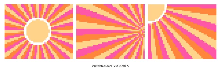 Retro pixel sun background set. Collection of pixelated sunburst in vintage colors