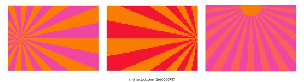 Conjunto de fondo de sol de píxeles retro. Plantilla de carteles de explosión de sol pixelados