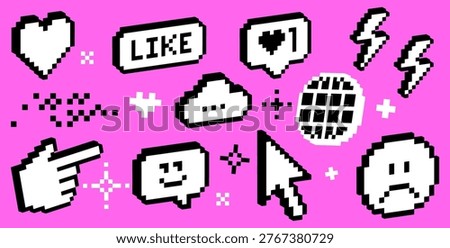 Retro pixel UI icons set on vibrant pink background. 8 bit chat bubbles, like notifications, cursor, social media symbols in trendy Y2K style. Digital interface design for apps, banners, tech branding