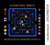 Retro pixel video game location scene constructor. Abstract labirint arcade game concept with colorful pixel graphics in 80s -90s style . Simple pixel game elements. Editable vector template