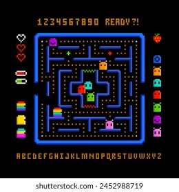 Retro pixel video game location scene constructor. Abstract labirint arcade game concept with colorful pixel graphics in 80s -90s style . Simple pixel game elements. Editable vector template