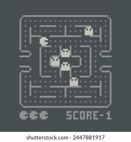 Retro pixel video game scene with maze in arcade pixel graphics  in 80s -90s style - vector template 