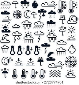 Retro pixel weather forecast icon collection for game UI and app interfaces