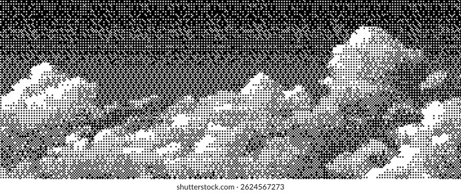 Retro pixelated clouds fill the digital canvas, showcasing a unique blend of y2k aesthetics and dadaist influences. The artwork captures a fragmented sky using distinct bitmap techniques.