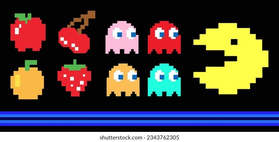 Retro pixelated pac-man ghosts set Blinky, Fruit, Pinky, Inky, Clyde isolated on black background.  Vector illustration. BELARUS, MINSK - August 07, 2023