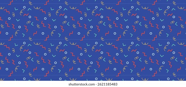 Retro pixelated pattern in red, teal, blue and yellow on deep indigo, playful curved and zig-zag shapes, vintage 8-bit celebratory design, consistent abstract texture