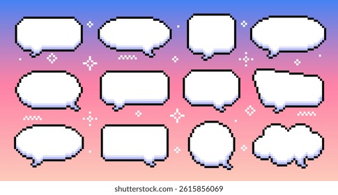 Retro pixelated speech bubbles of various shapes. Pixelated dialogue boxes. Vector illustration