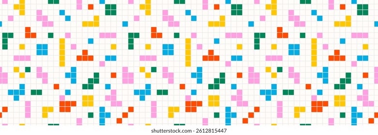 Retro pixeled sprinkle seamless pattern. Fun colored shapes background. Abstract graphic art vector wallpaper.