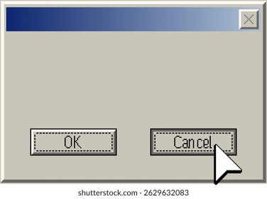 Ilustração retro estilo pixel de uma janela de diálogo do computador vintage com um cursor clicando no botão Cancelar. Elemento de interface do usuário do sistema operacional Classic 90s.