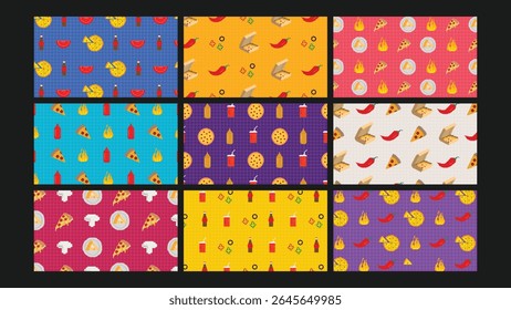 Retro pixel-style pizza slices, drinks, chili peppers, and ingredients on bold backgrounds designed for pizza branding and fun digital assets.