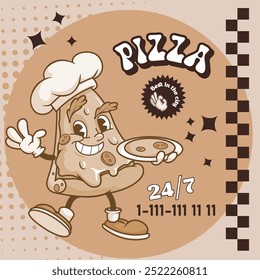 Modelo de design de entrega de pizza retro. Mascote estilo groovy trending. Ilustração vetorial.