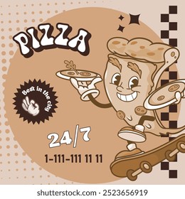 Retro pizza delivery design template. Trending groovy style mascot. Vector illustration.