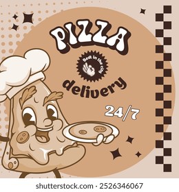 Retro pizza delivery design template. Trending groovy style mascot. Vector illustration.