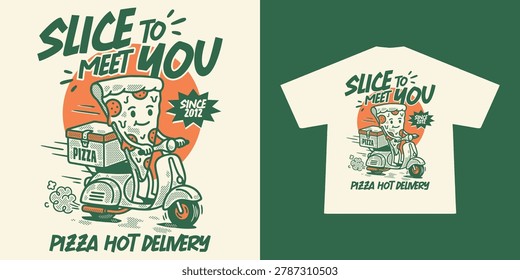 Retro Pizza Delivery T-Shirt Design - Cute Cartoon Pizza Mascot on Scooter Illustration