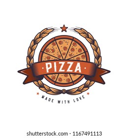 Retro pizza illustration. Fast food logo design.Vintage cooking badge. 
