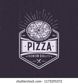 Retro pizza illustration. Fast food logo design.Vintage cooking badge. 