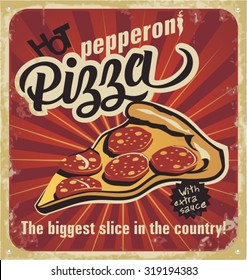 Retro pizza sign, background, template pizza box design. Retro pizzeria poster on old paper texture. Layered.