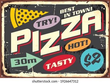 Retro pizza sign with colorful ads and labels. Restaurant signage vector design on blackboard background. Hot tasty pizza 50s advertisement.