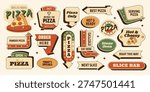 Retro pizza sticker roadsign set with fast food, signs, arrows and badges. Italian street food elements for menus, branding, posters. Vector illustration in vintage mid century 50s style 