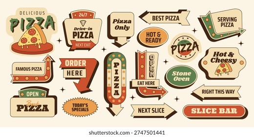 Retro pizza sticker roadsign set with fast food, signs, arrows and badges. Italian street food elements for menus, branding, posters. Vector illustration in vintage mid century 50s style 