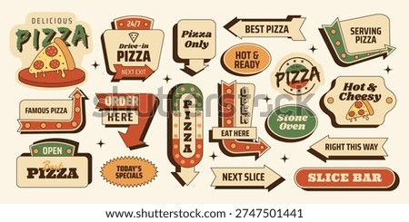 Retro pizza sticker roadsign set with fast food, signs, arrows and badges. Italian street food elements for menus, branding, posters. Vector illustration in vintage mid century 50s style 