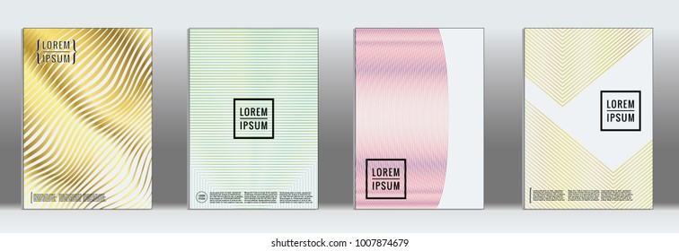 Retro placards. Minimal geometric annual report templates. Set of abstract hipster covers with gradient geometric graphic design. Mockup for magazine cover. Simple retro page cover. Flat memphis print