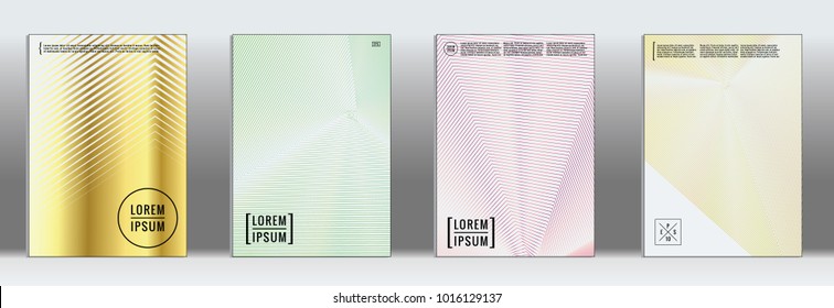 Retro placards. Minimal geometric annual report templates. Set of abstract hipster covers with gradient geometric graphic design. Mockup for magazine cover. Simple retro page cover. Flat memphis print