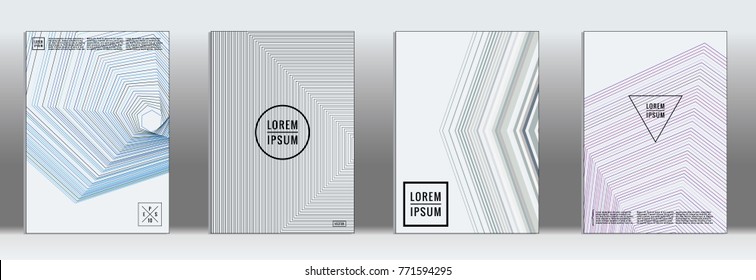 Retro placards. Minimal geometric annual report templates. Set of abstract hipster covers with gradient geometric graphic design. Mockup for magazine cover. Simple retro page cover. Flat memphis print