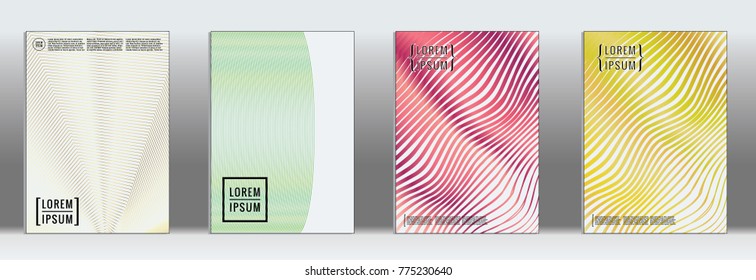 Retro placards. Minimal geometric annual report templates. Set of abstract hipster covers with gradient geometric graphic design. Mockup for magazine cover. Simple retro page cover. Flat memphis print