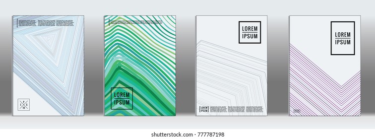 Retro placards. Minimal geometric annual report templates. Set of abstract hipster covers with gradient geometric graphic design. Mockup for magazine cover. Simple retro page cover. Flat memphis print