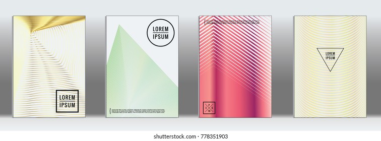 Retro placards. Minimal geometric annual report templates. Set of abstract hipster covers with gradient geometric graphic design. Mockup for magazine cover. Simple retro page cover. Flat memphis print
